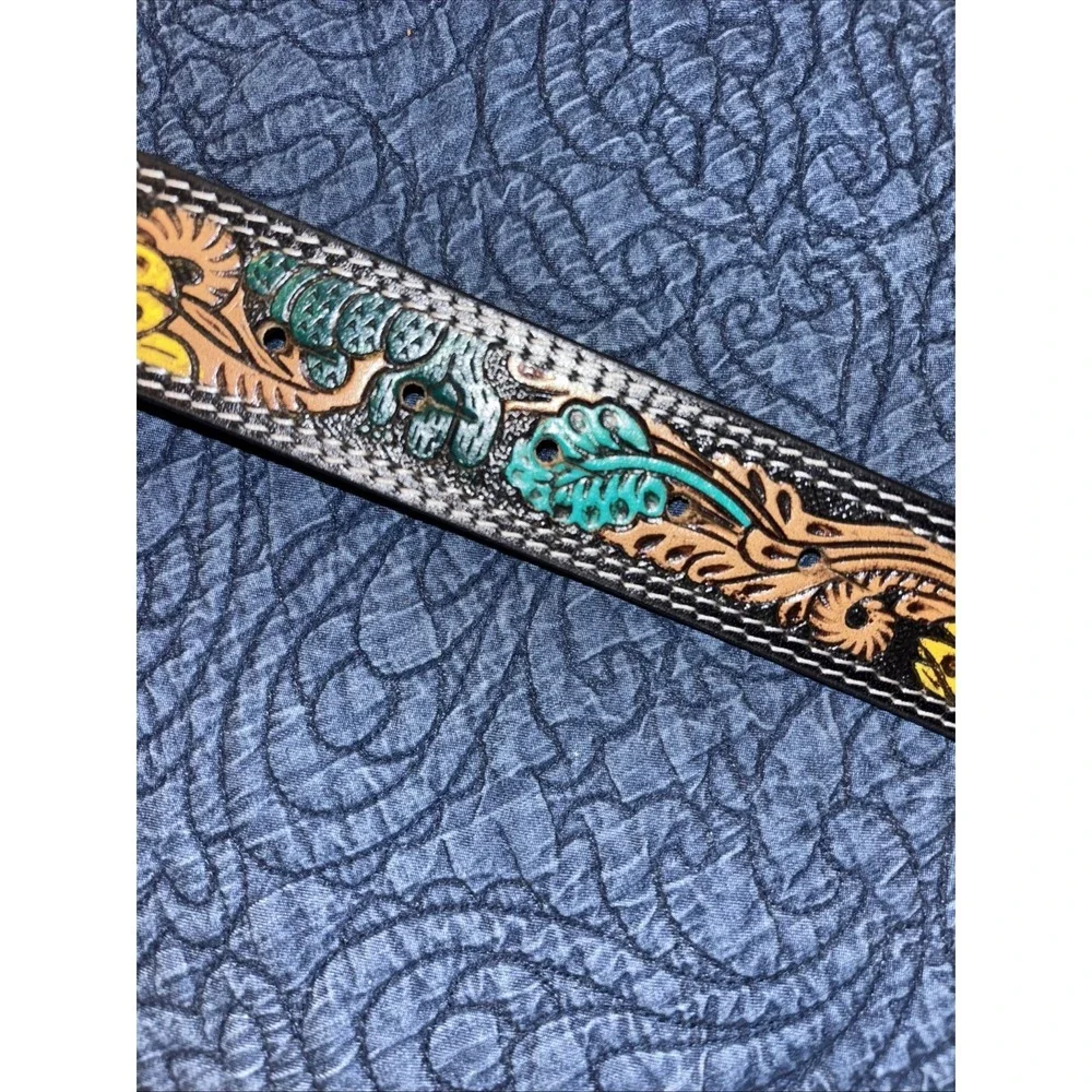 NWT American Bison Tooled Leather Belt Sz XL 42-44 Sunflower Turquoise Buckle